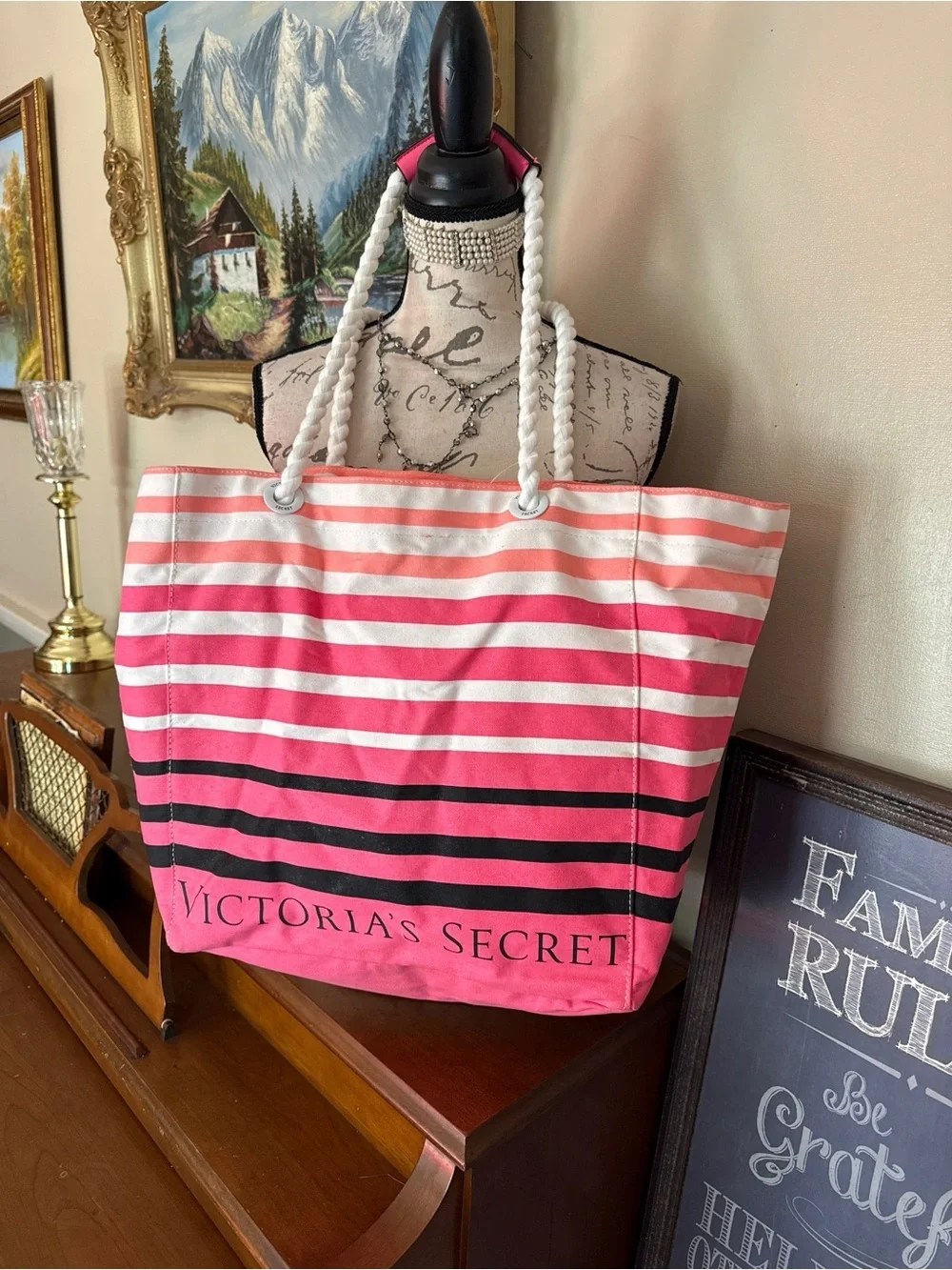 Victoria’s Secret Striped Beach Tote | Hot Pink & White | NWT $78.00